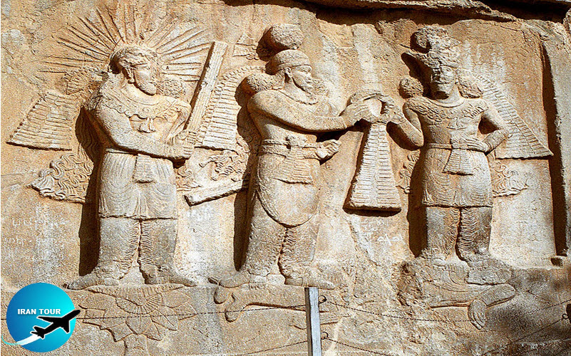 Sassanian relief of the investiture of Ardashir II showing Mithra, Shapur II\ and Ahura Mazda above a defeated Julian, lying prostrate